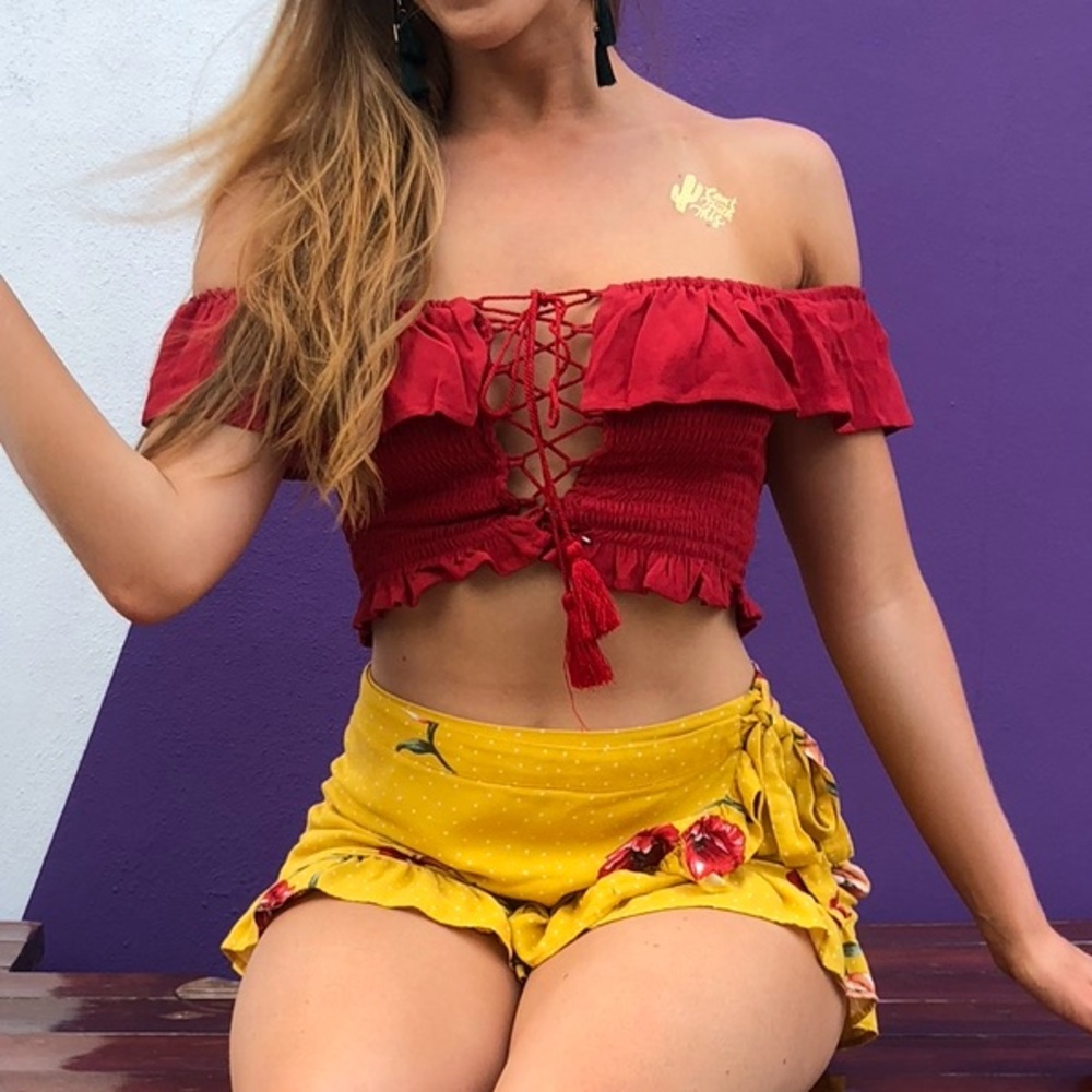 Red Lace-Up Crop Top